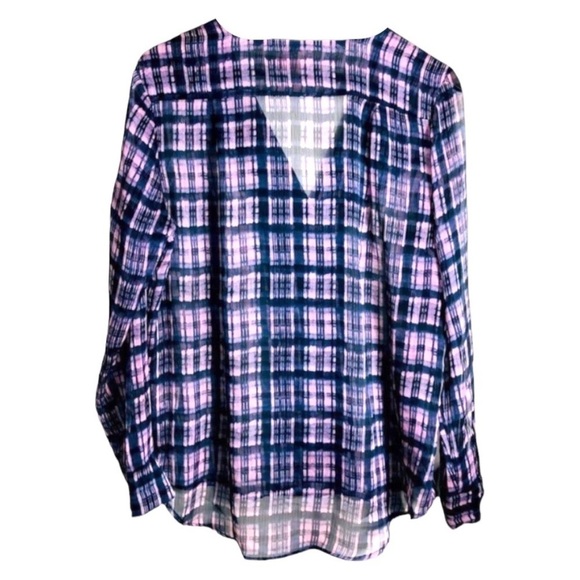 4/$45 PHILOSOPHY Navy Blue Pink Plaid Long Sleeve Button Down Sheer Top Large - Picture 2 of 7
